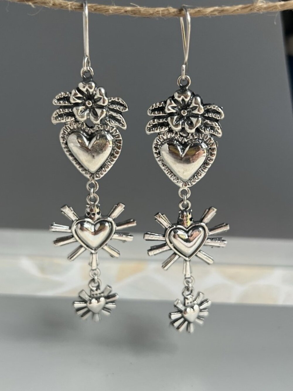 Handcrafted 925 Sterling Silver Heart and Sunburst Dangle Earrings